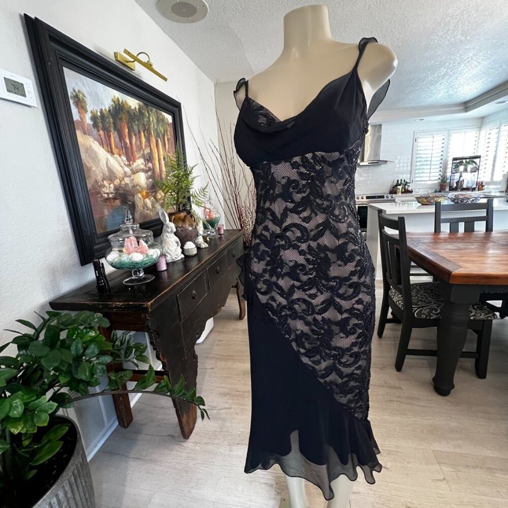 cach'e black lace overlay w/black sequins over skin tone polyester lining DRESS